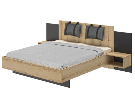 Lit Mimizan en bois clair avec tête de lit, coussins suspendus et chevets intégrés l Géant du Meuble