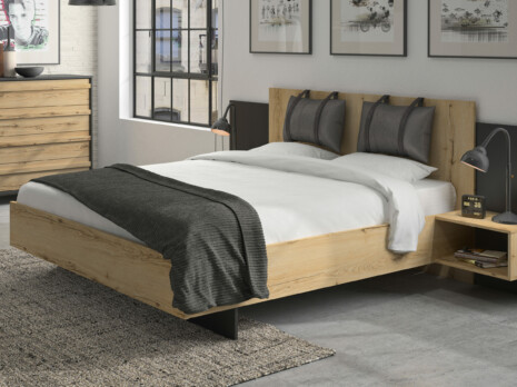 Lit Mimizan en bois clair avec tête de lit, coussins suspendus et chevets intégrés l Géant du Meuble