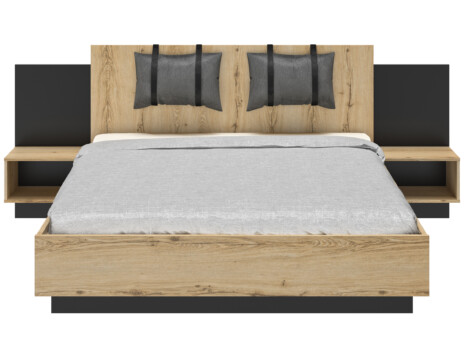 Lit MIMIZAN Lit Mimizan en bois clair avec tête de lit et coussins suspendus et chevets intégrés l Géant du Meuble