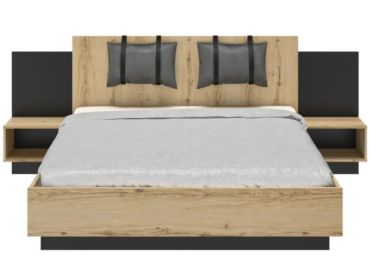 Lit MIMIZAN Lit Mimizan en bois clair avec tête de lit et coussins suspendus et chevets intégrés l Géant du Meuble