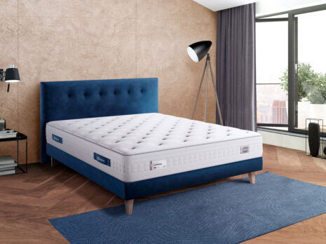 Matelas Lounge blanc avec sommier et tête de lit matelassée bleu canard Géant du Meuble