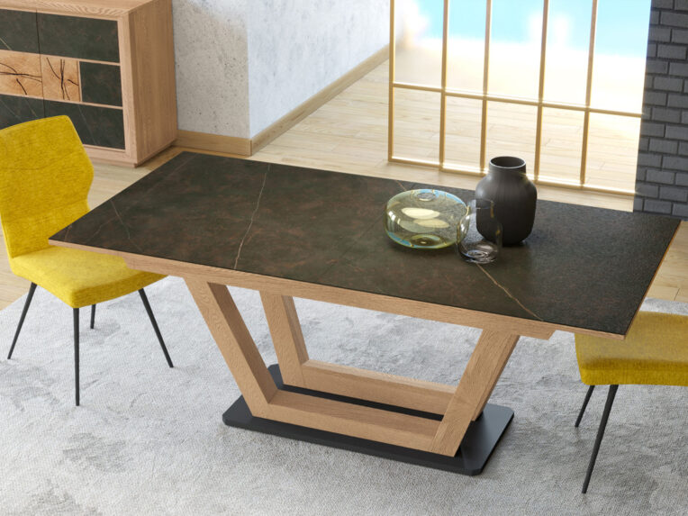 Table à manger NATURE Table à manger Nature grise et en bois clair avec pieds originaux l Géant du Meuble
