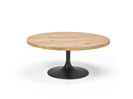 Table basse ronde en bois clair avec un pied noir rond