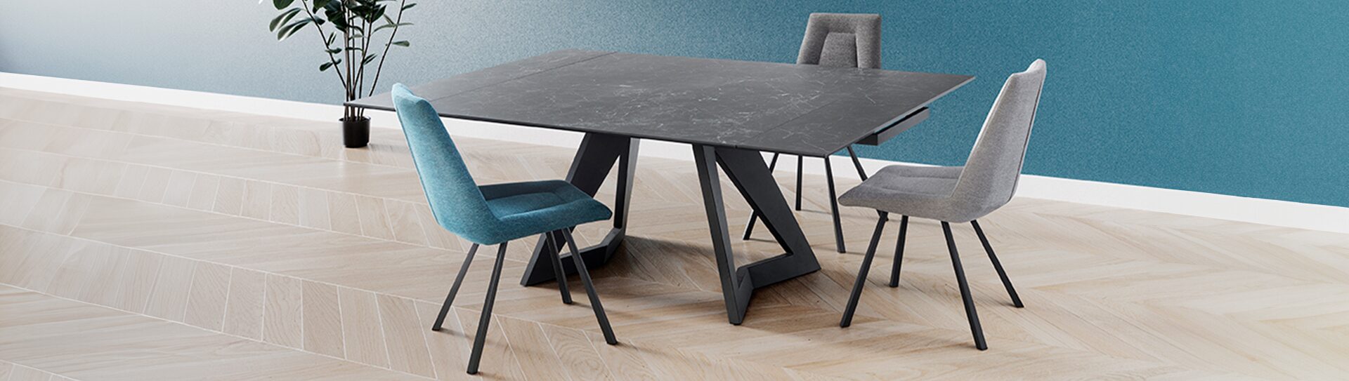 Table à manger NESTOR Table à manger Nestor carrée noire dépliée avec pieds robustes et design l Géant du meuble