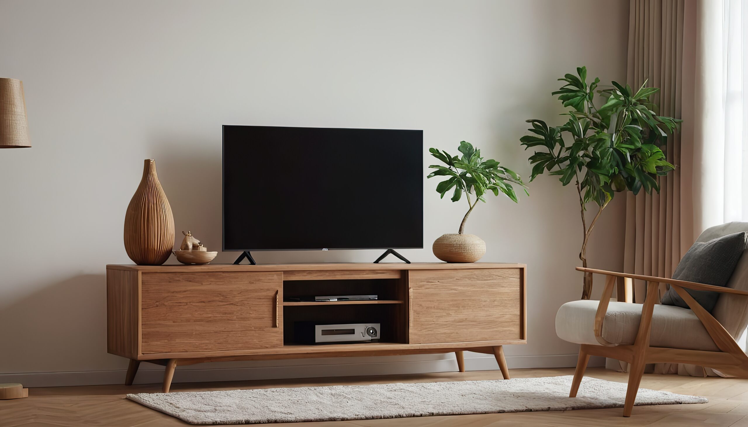 Salon épuré au style scandinave, avec un meuble TV bas en bois clair, une télévision à écran plat, des objets décoratifs en bois, deux plantes vertes en pot, un fauteuil en bois avec coussins, un tapis beige et de grands rideaux crème laissant filtrer la lumière naturelle.